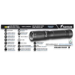 Lampe Torche Tactique Rechargeable FAVOUR T2117 1000 Lumens 205 M